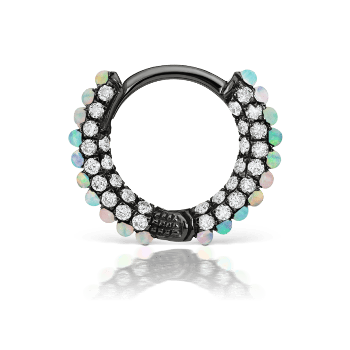 Opal and Diamond Pavé Hoop Earring (Bottom Hinge) Black Gold 8mm