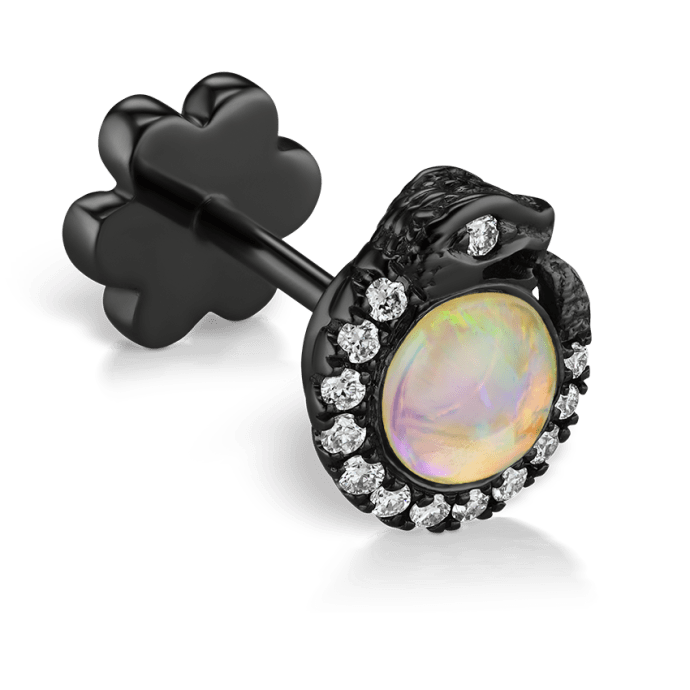 Opal and Diamond Pavé Ouroboros Threaded Stud Earring Black Gold 4mm