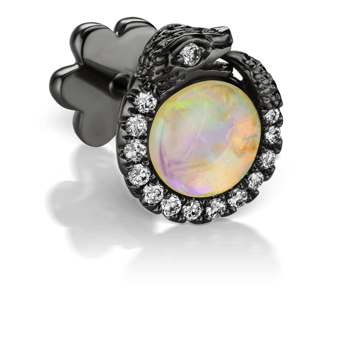 Opal and Diamond Pavé Ouroboros Threaded Stud Earring Black Gold 5mm