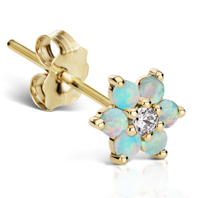 Opal Flower with Diamond Center Stud Earring Yellow Gold 6.5mm