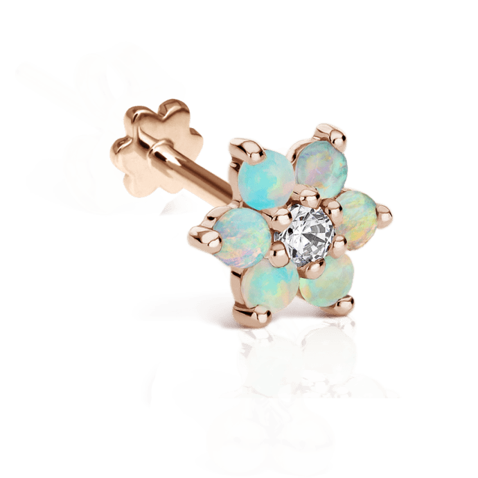 Opal Flower with Diamond Center Threaded Stud Earring Rose Gold 6.5mm