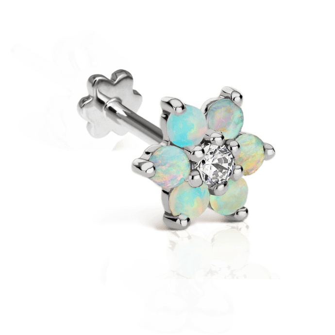 Opal Flower with Diamond Center Threaded Stud Earring White Gold 6.5mm