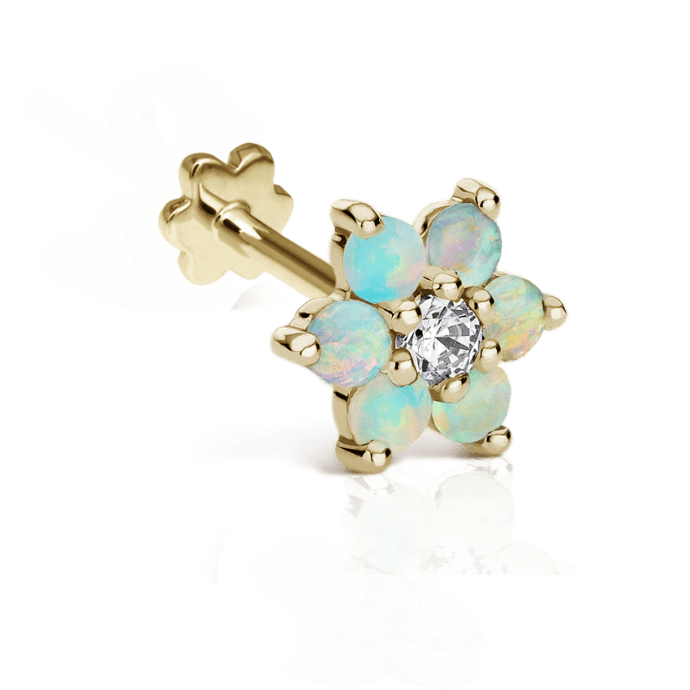 Opal Flower with Diamond Center Threaded Stud Earring Yellow Gold 6.5mm