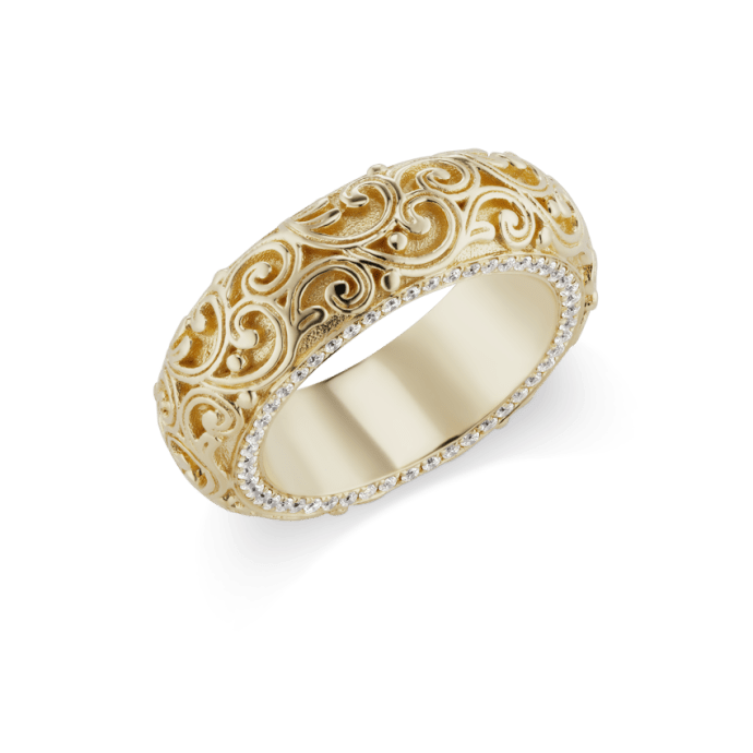 Pavé Diamond and Engraved Finger Ring Yellow Gold US 6