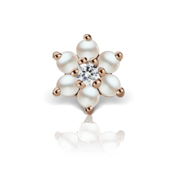 Pearl and Diamond Flower Stud Earring Rose Gold 7mm