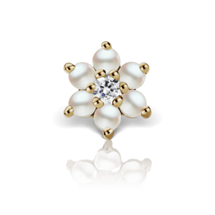 Pearl and Diamond Flower Stud Earring Yellow Gold 7mm