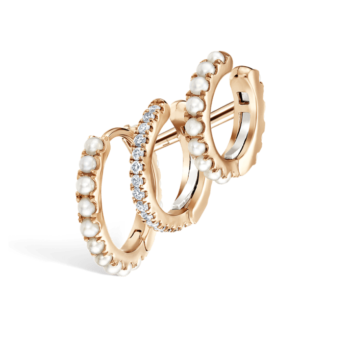 Pearl and Diamond Triple Linked Eternity Hoop Earring and Cuffs Rose Gold 9.5mm Left