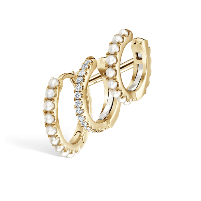 Pearl and Diamond Triple Linked Eternity Hoop Earring and Cuffs Yellow Gold 9.5mm Left
