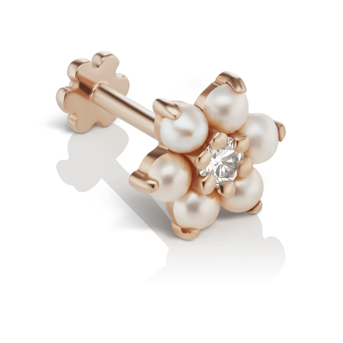 Pearl Flower with Diamond Center Threaded Stud Earring Rose Gold 7mm