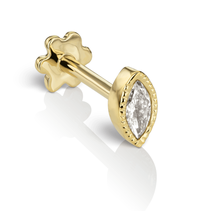 Scalloped Marquise Diamond Threaded Stud Earring Yellow Gold 4mm