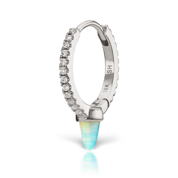 Single Short Opal Spike Diamond Eternity Hoop Earring White Gold 9.5mm