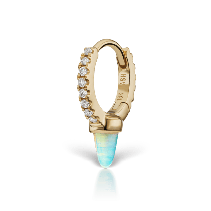 Single Short Opal Spike Diamond Eternity Hoop Earring Yellow Gold 6.5mm