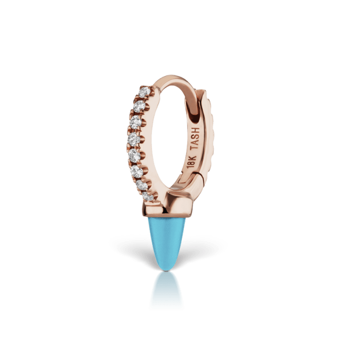 Single Short Turquoise Spike Diamond Eternity Hoop Earring Rose Gold 6.5mm