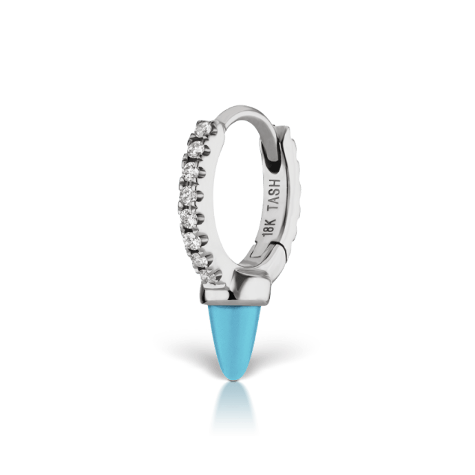 Single Short Turquoise Spike Diamond Eternity Hoop Earring White Gold 6.5mm