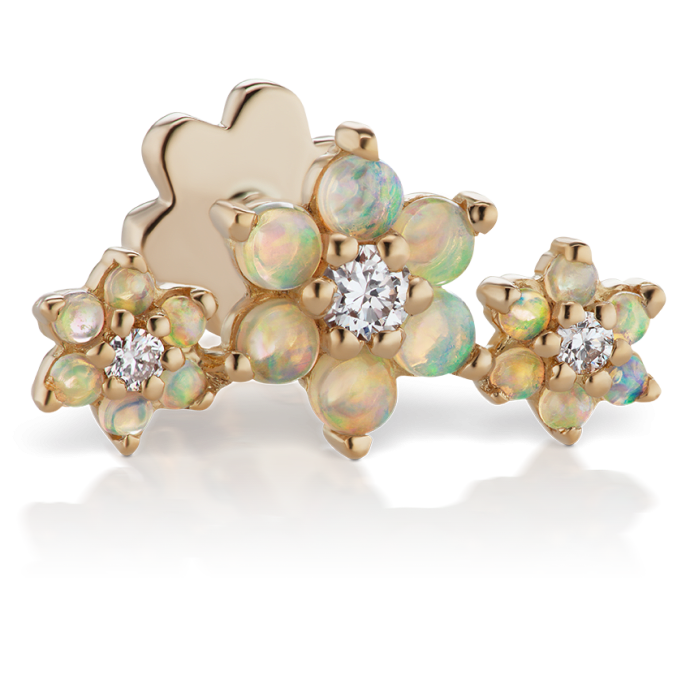 Three Flower Garland Opal and Diamond Threaded Stud Earring Rose Gold