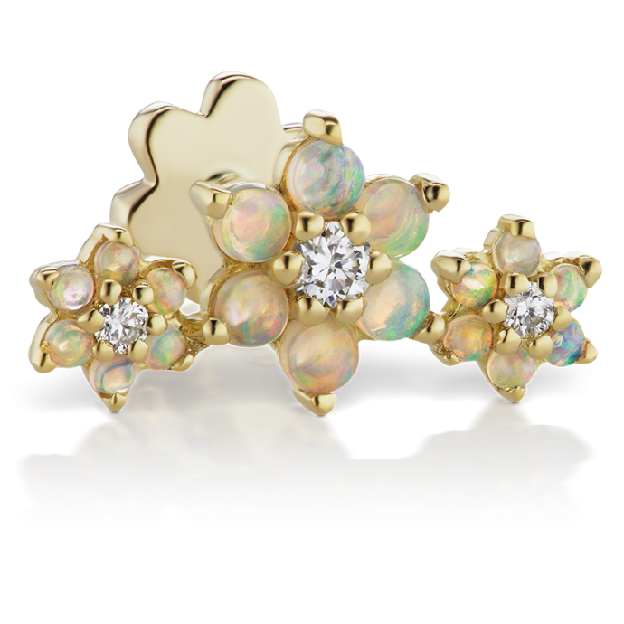 Three Flower Garland Opal and Diamond Threaded Stud Earring Yellow Gold