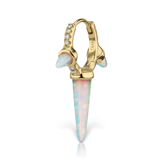 Triple Long Opal Spike Diamond Eternity Hoop Earring Yellow Gold 8mm
