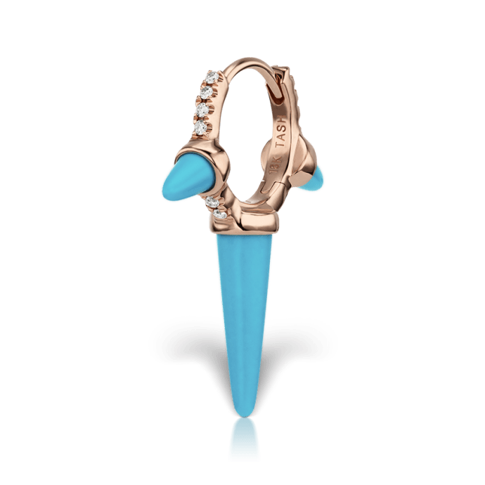 Triple Long Turquoise Spike Diamond Eternity Hoop Earring Rose Gold 8mm
