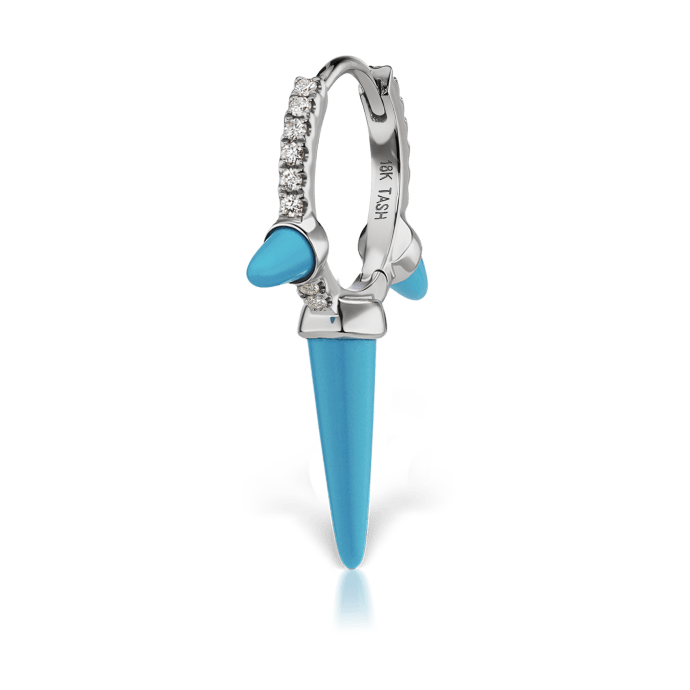 Triple Long Turquoise Spike Diamond Eternity Hoop Earring White Gold 9.5mm