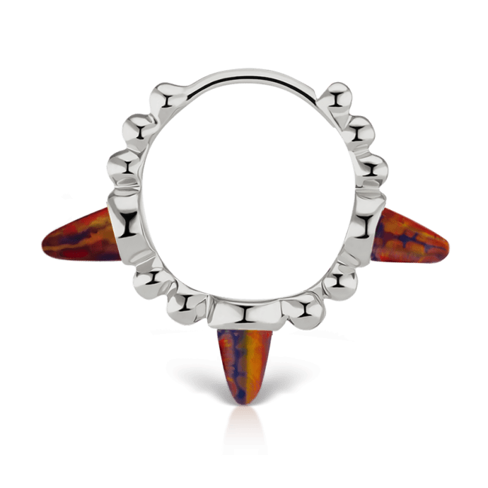 Triple Short Black Red Opal Spike Granulated Hoop Earring White Gold 9.5mm