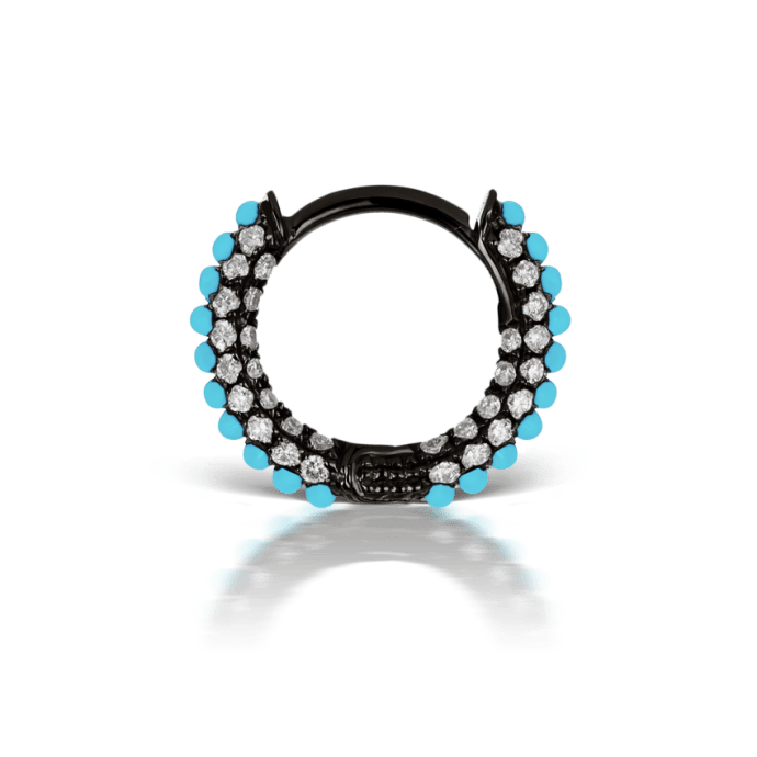 Turquoise and Diamond Five Row Pavé Hoop Earring (Bottom Hinge) Black Gold 6.5mm