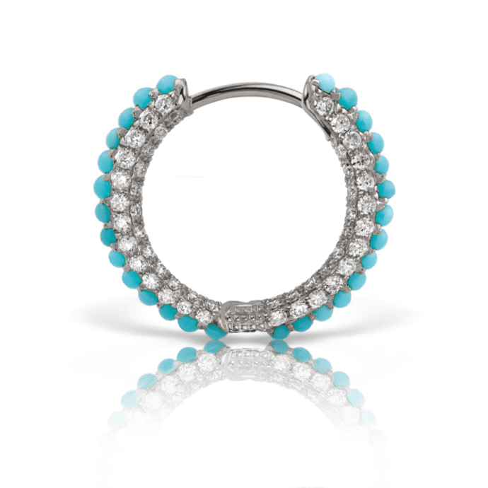 Turquoise and Diamond Five Row Pavé Hoop Earring (Bottom Hinge) White Gold 9.5mm