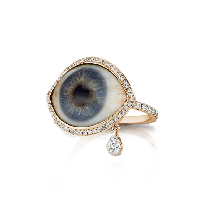 Diamond Halo Teardrop Eye Finger Ring Rose Gold US 5.5 Blue