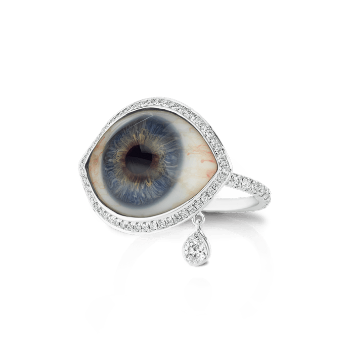 Diamond Halo Teardrop Eye Finger Ring White Gold US 5.5 Blue