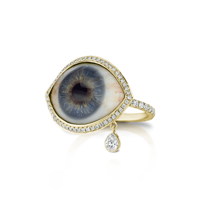 Diamond Halo Teardrop Eye Finger Ring Yellow Gold US 5.5 Blue