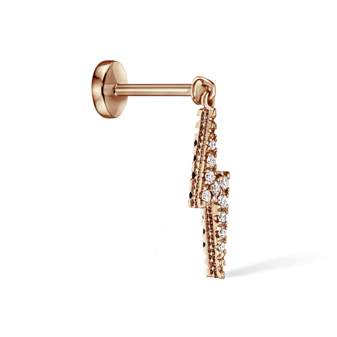 White and Black Diamond Lightning Bolt Threaded Charm Earring Rose Gold