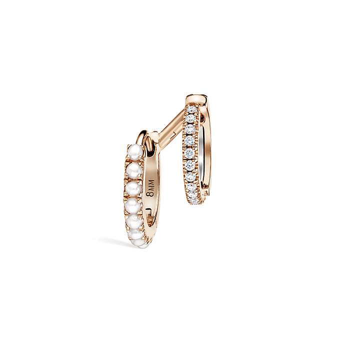Pearl and Diamond Double Eternity Linked Hoop Earring and Cuff Rose Gold 8mm Left