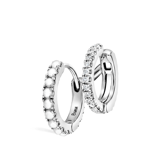 Pearl and Diamond Double Eternity Linked Hoop Earring and Cuff White Gold 8mm Left