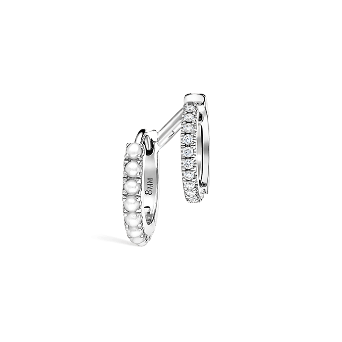 Pearl and Diamond Double Eternity Linked Hoop Earring and Cuff White Gold 8mm Left