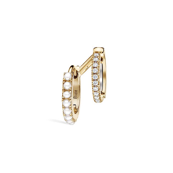 Pearl and Diamond Double Eternity Linked Hoop Earring and Cuff Yellow Gold 8mm Left