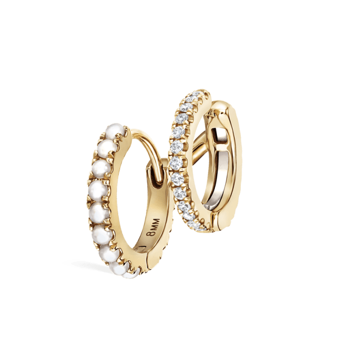 Pearl and Diamond Double Eternity Linked Hoop Earring and Cuff Yellow Gold 8mm Left
