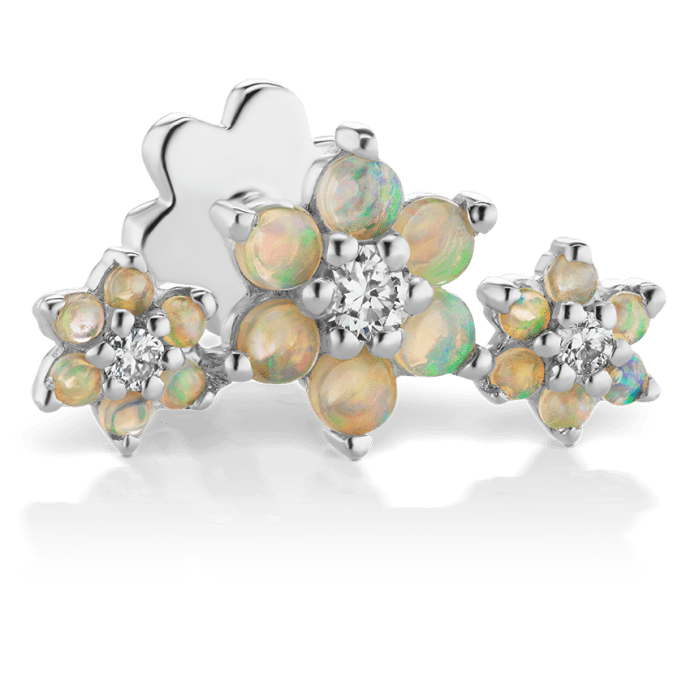 Three Flower Garland Opal and Diamond Threaded Stud Earring White Gold