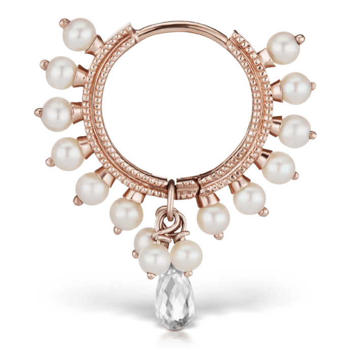 Pearl Coronet Diamond Briolette Hoop Earring Rose Gold 9.5mm