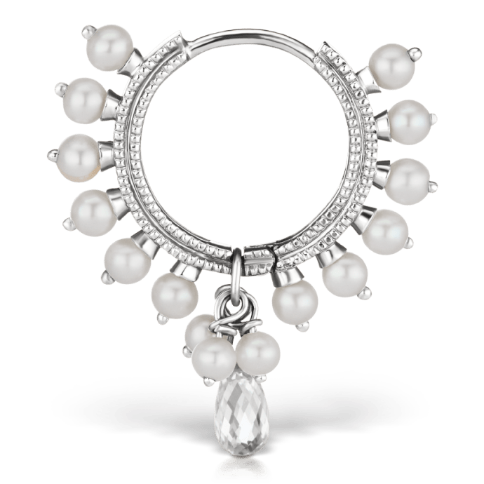 Pearl Coronet Diamond Briolette Hoop Earring White Gold 9.5mm