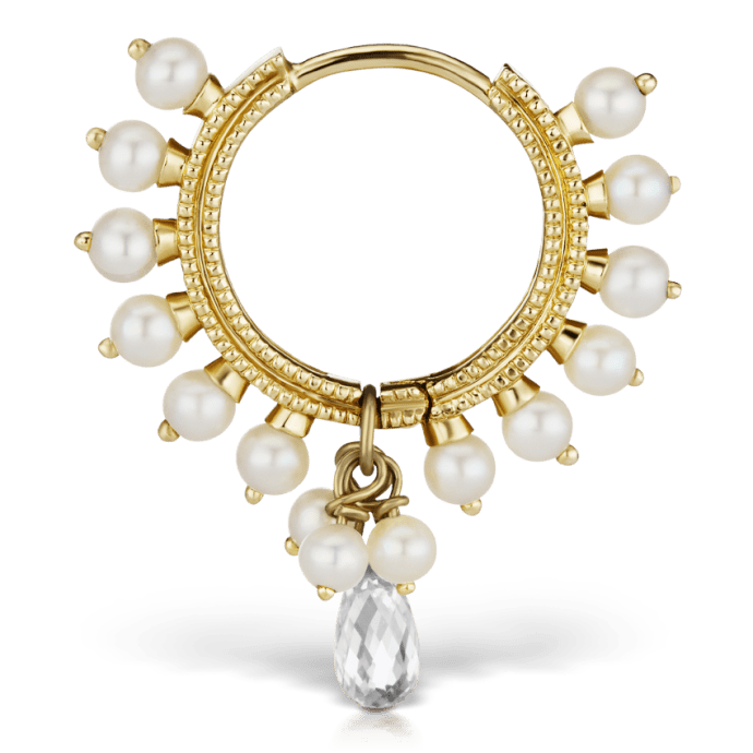 Pearl Coronet Diamond Briolette Hoop Earring Yellow Gold 9.5mm