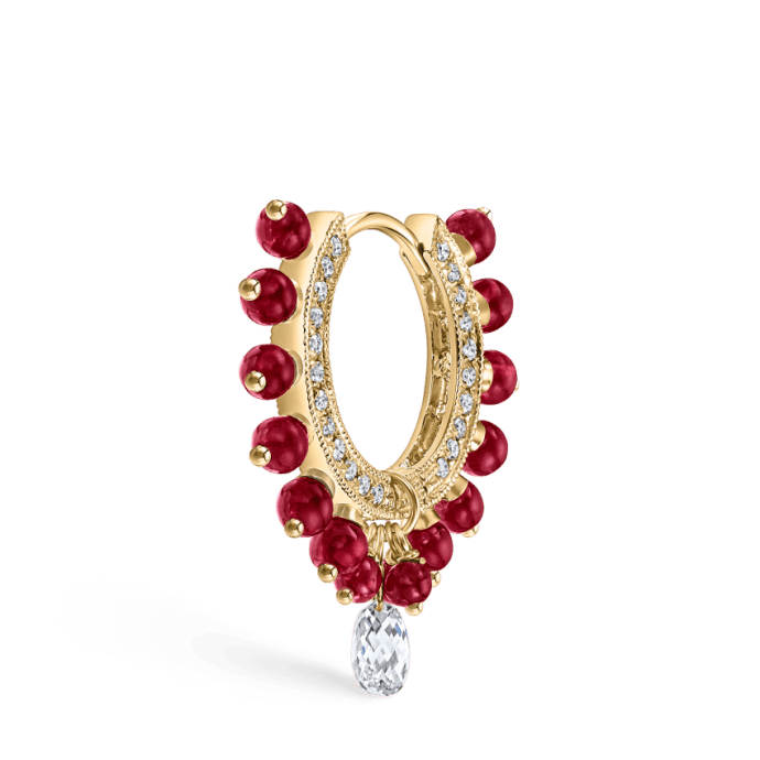 Pavé Diamond Ruby Coronet with Diamond Briolette Hoop Earring Yellow Gold 9.5mm