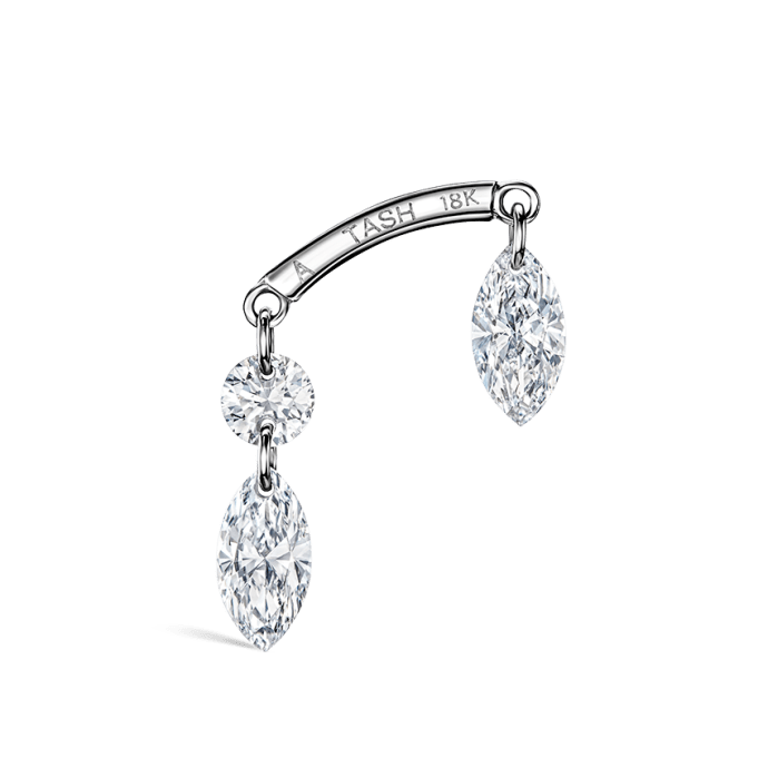 Floating Marquise and Round Diamond Drape Threaded Stud Earring White Gold 2.5mm / 5mm Horizontal+A Direction