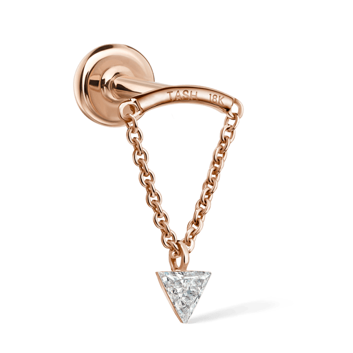 Invisible Set Triangle Diamond Drape Threaded Stud Earring Rose Gold 3mm Horizontal