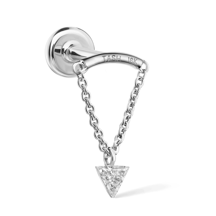 Invisible Set Triangle Diamond Drape Threaded Stud Earring White Gold 3mm Horizontal