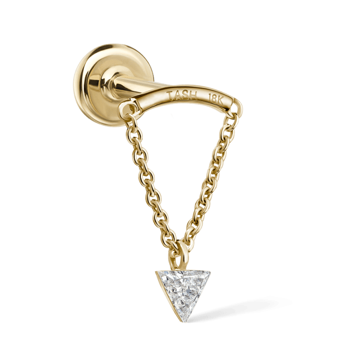 Invisible Set Triangle Diamond Drape Threaded Stud Earring Yellow Gold 3mm Horizontal