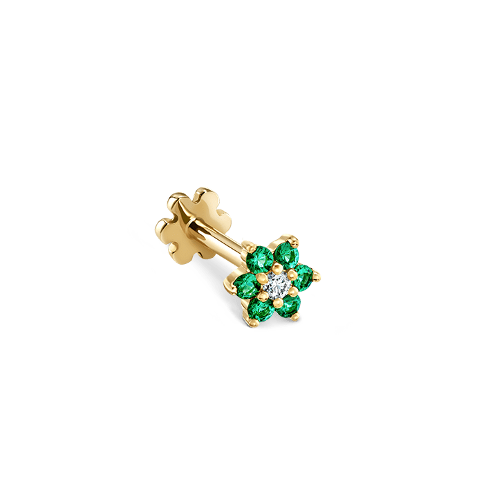 Emerald and Diamond Flower Threaded Stud Earring Yellow Gold 4.5mm