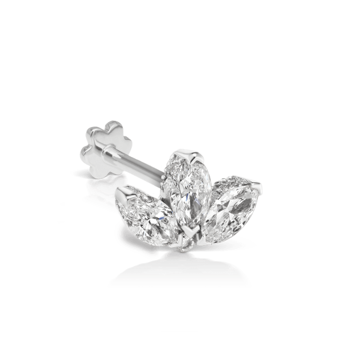 Diamond Engraved Lotus Threaded Stud Earring White Gold 4mm