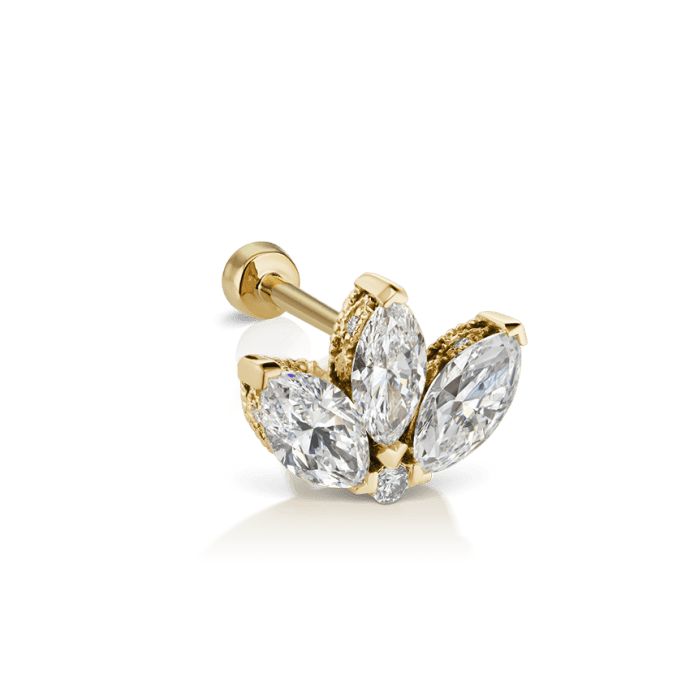 Diamond Engraved Lotus Threaded Stud Earring Yellow Gold 6mm