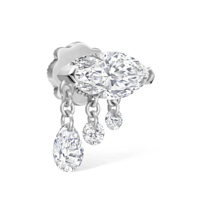 Triple Teardrop Marquise Diamond Threaded Stud Earring White Gold 8mm Left