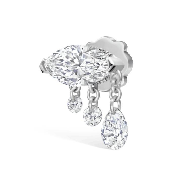 Triple Teardrop Marquise Diamond Threaded Earring (Recessed) White Gold 8mm Right