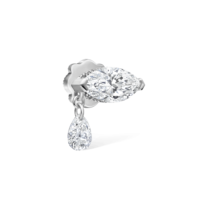 Single Teardrop Marquise Diamond Threaded Recessed Stud Earring White Gold 8mm Left